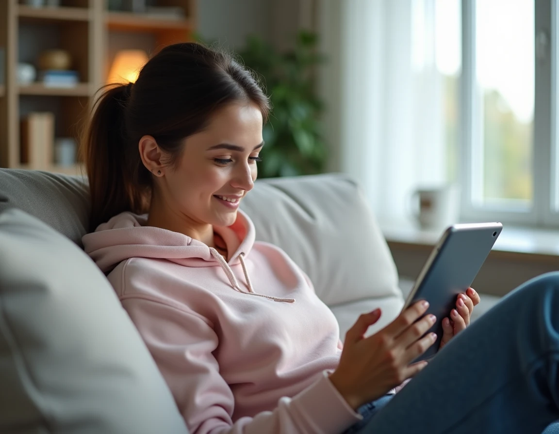 Jeune femme utilisant une tablette pour une téléconsultation médicale confortable depuis son canapé avec Livi
