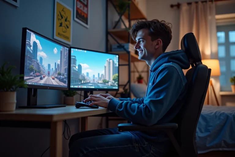 Jeune homme jouant à GTA 5 sur un ordinateur moderne dans sa chambre