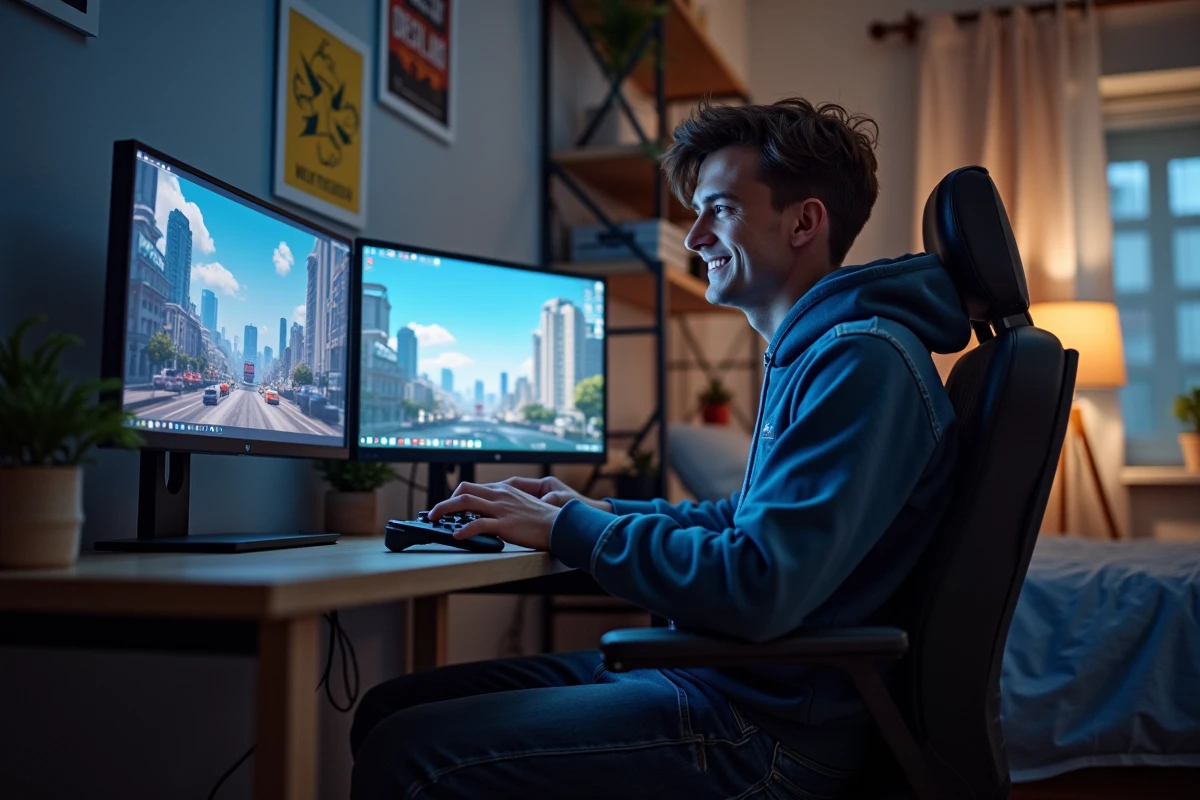 Jeune homme jouant à GTA 5 sur un ordinateur moderne dans sa chambre
