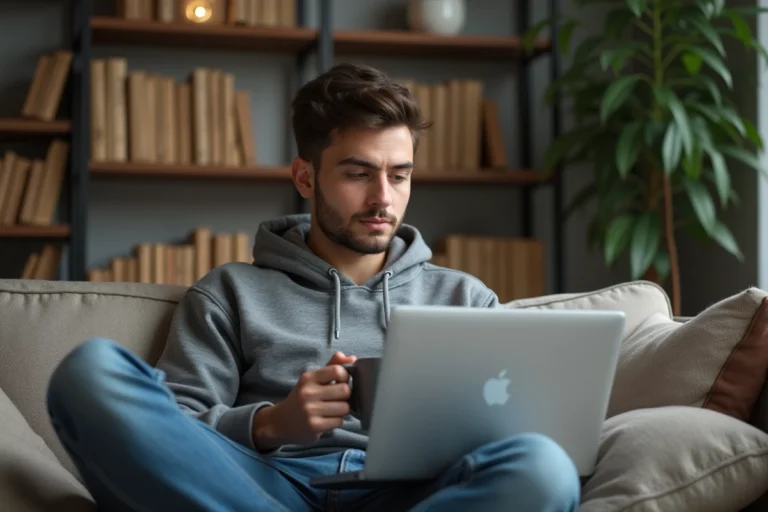 Jeune homme détendu regardant son ordinateur portable