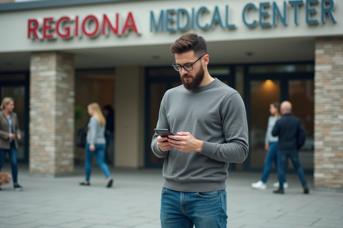 Jeune homme regardant son smartphone devant un centre medical