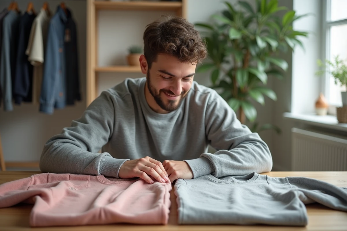Giovane uomo che guarda felpe 2XL e XXL su un tavolo