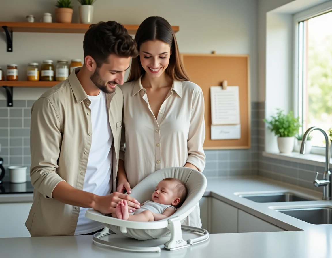 Jeunes parents consultant un planning bébé dans une cuisine moderne avec leur nourrisson endormi
