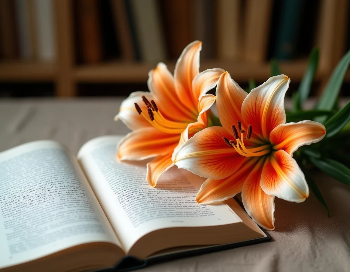 Lys oranges et blancs posés près d'un livre médical ouvert, illustrant les précautions de santé liées aux fleurs de lys
