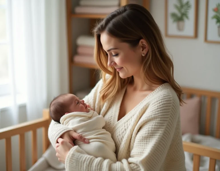 Jeune mère tenant son nouveau-né emmailloté dans une chambre de bébé moderne et chaleureuse