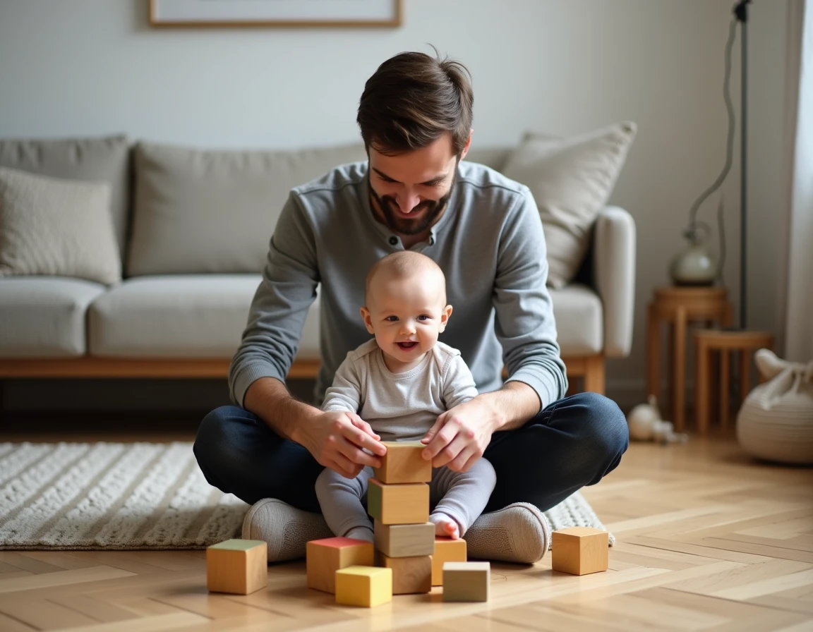 Père jouant avec son bébé de huit mois avec des cubes en bois colorés sur le sol du salon
