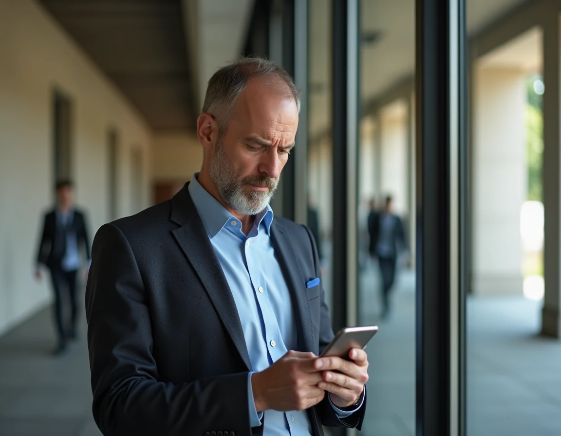 Professeur universitaire consultant sa messagerie académique sur smartphone dans un couloir à Lyon