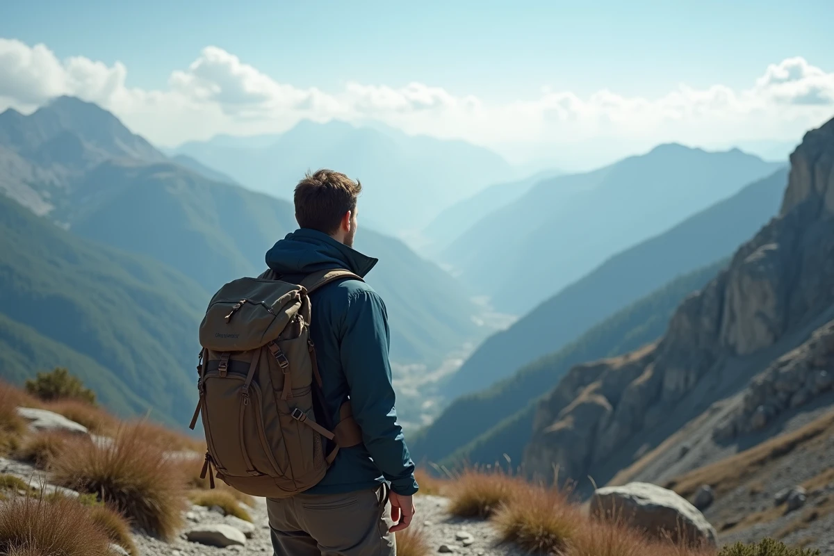 Homme randonneur contemplant un panorama de montagne depuis un sentier alpin rocheux avec sac à dos de voyage