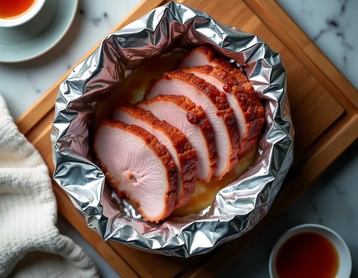 Viande de porc rôtie réchauffée enveloppée dans du papier aluminium sur une grille de four