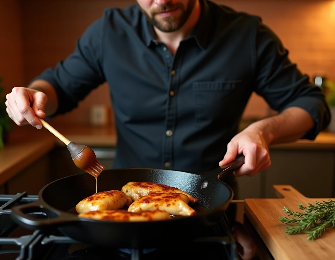 Homme badigeonnant du bouillon sur du poulet rôti réchauffé dans une poêle en fonte