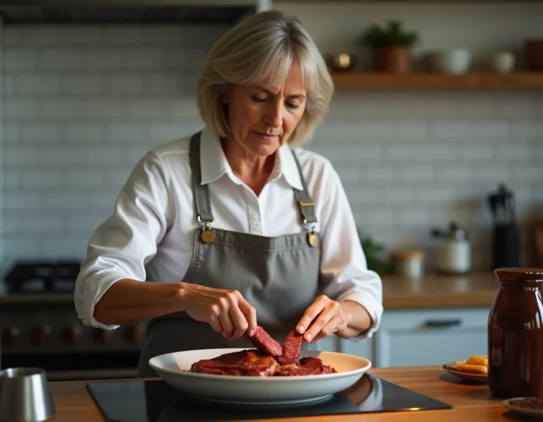 Femme réchauffant des tranches de bœuf rôti au four dans une cuisine domestique moderne