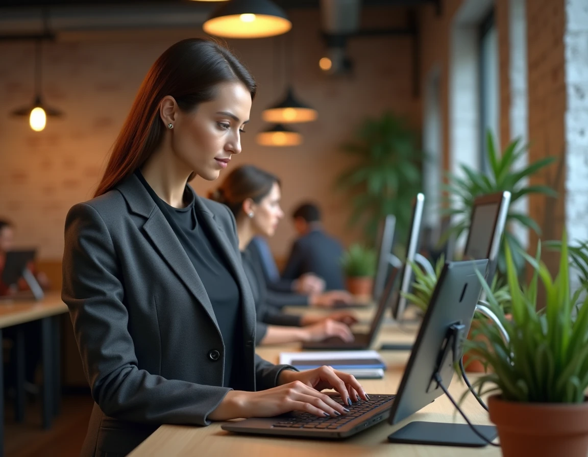 Femme d'affaires rédigeant un email stratégique sur un grand écran dans un espace de co-working moderne