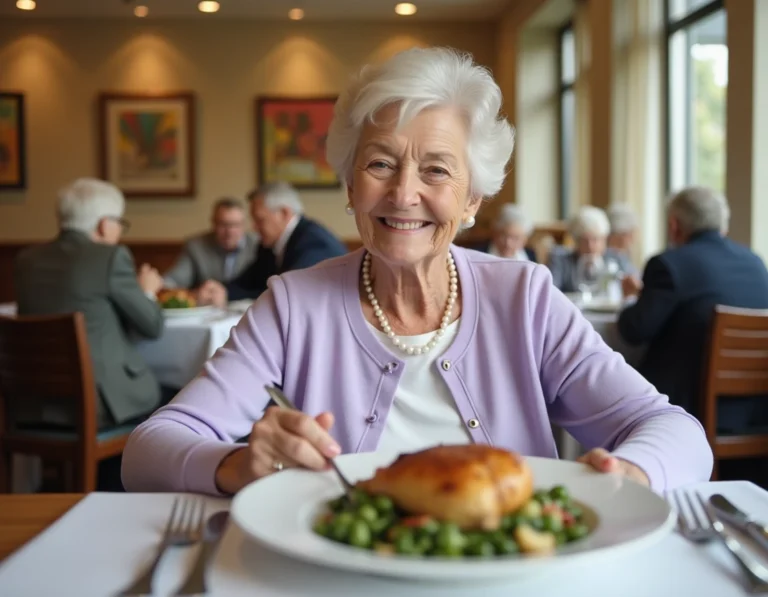 Une résidente senior souriante attablée devant un repas équilibré dans la salle à manger d'une résidence Domitys