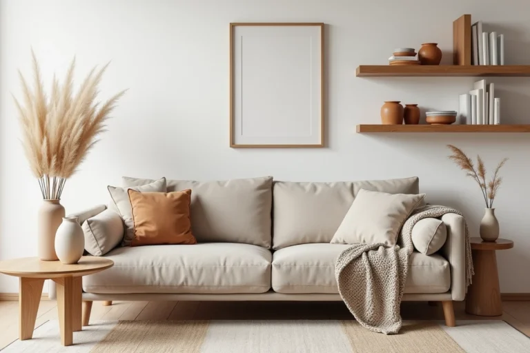Salon moderne style scandinave avec canapé en lin grège, table basse en chêne brut et plantes séchées dans un intérieur cocon chaleureux