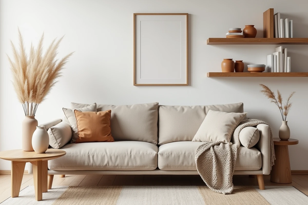 Salon moderne style scandinave avec canapé en lin grège, table basse en chêne brut et plantes séchées dans un intérieur cocon chaleureux