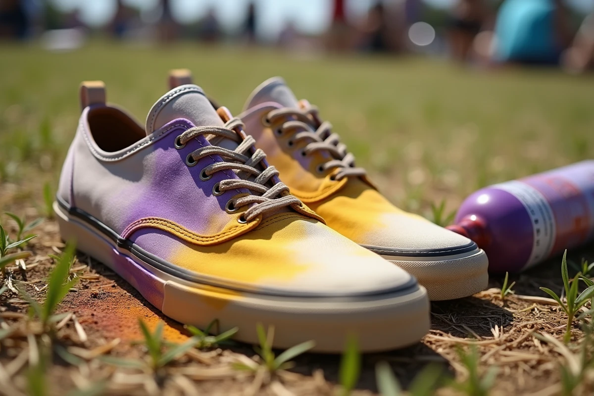Chaussures en toile tachées de fumigènes colorés posées sur l'herbe avec une bombe fumigène renversée à côté