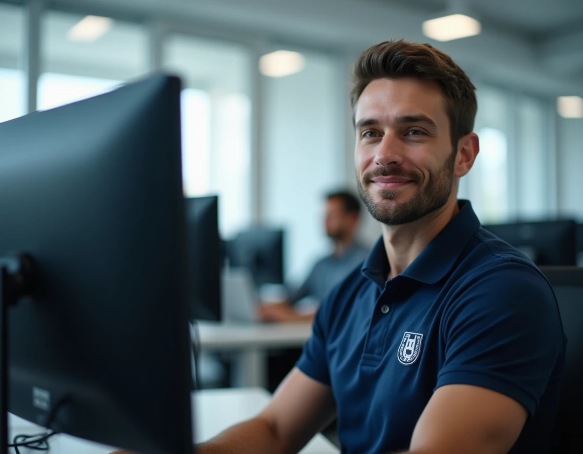 Technicien informatique du support universitaire configurant une messagerie académique sur double écran