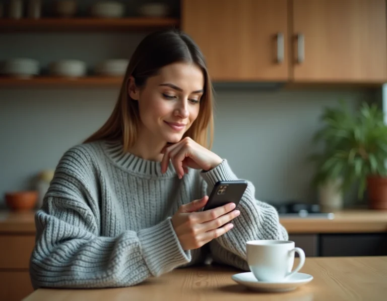 Femme en téléconsultation médicale sur smartphone avec l'application Livi dans une cuisine moderne