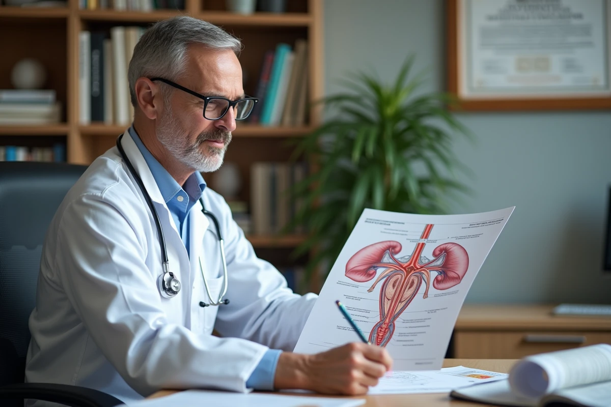 Urologue en consultation expliquant le système urinaire