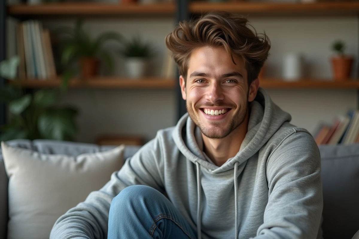 Jeune homme souriant assis dans un appartement moderne, illustrant la vie personnelle et amoureuse d'un créateur de contenu populaire